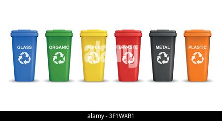 Vector 3d Recycling Bins Set. Glass Organic Paper E-Waste Metal Plastic. Color Bin Set. Realistic 3d Garbage Containers for Recycling and Stock Vector