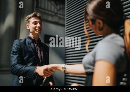 Business handshake between two professionals outside during a casual urban meeting and collaboration Stock Photo