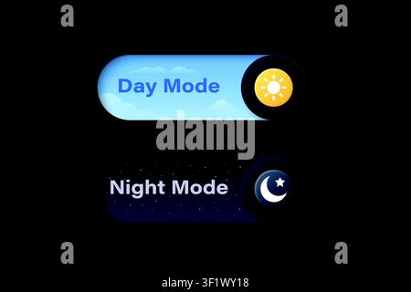 Vector 3d Day Mode and Night Mode Toggle Switch Set. Light and Dark Theme UI Buttons with Sun and Moon Icons. App Interface Control Element for Web Stock Vector