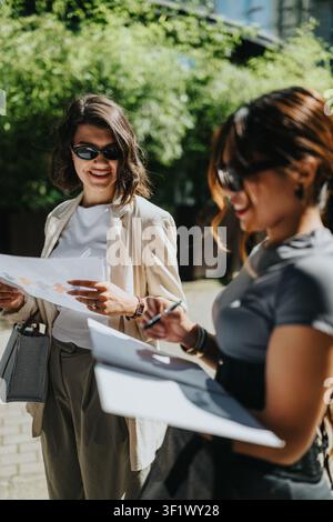 Two women collaborating outdoors reviewing documents and planning a business meeting Stock Photo