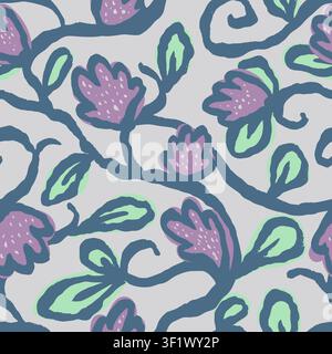 Seamless pattern with hand drawn abstract loose flowers and leaves vine. Artistic brush strokes trailing floral design Stock Vector