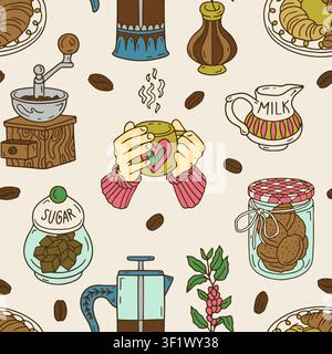 Coffee making utensils doodle seamless pattern. Hot beverage line art wallpaper Stock Vector