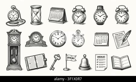 Collection of vintage timekeeping objects and schedule icons in a black and white engraved style Stock Vector