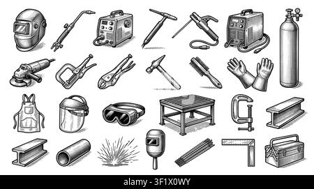 Black and White Vector Illustration of Welding Tools and Equipment Icon Set Stock Vector