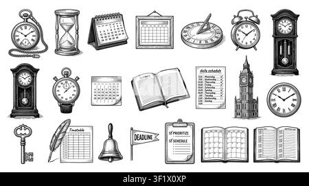 Collection of vintage timekeeping objects and schedule icons in a black and white engraved style Stock Vector