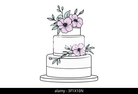 Wedding Cake Decorated. Hand Drawn Doodle Sketch Outline Icon Logo Design. Beautiful cake with floral elements, vintage retro style, vector isolated Stock Vector