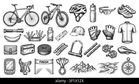 Cycling equipment icons set. Bicycle and cyclist icon. Stock Vector