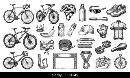 Cycling equipment icons set. Bicycle and cyclist icon. Stock Vector