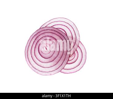 Fresh sliced red onion isolated. Raw purple onion rings set or shallot slices collection on white background top view Stock Photo