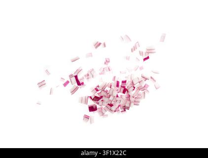Flying Red Onion Cuts Isolated, Falling Chopped Purple Onion Pile, Raw Purple Onion Pieces, Fresh Purple Bulb Cuts Portion on White Background Top Vie Stock Photo