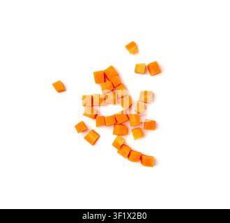 Fresh Diced Carrot Isolated, Raw Carrot Cubes Closeup, Chopped Orange Root Vegetable, Diced Carrots Pile on White Background Top View Stock Photo