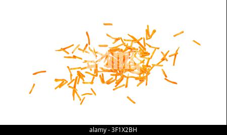 Falling Fresh Diced Carrot Isolated, Flying Carrot Cubes Closeup, Chopped Orange Root Vegetable, Diced Carrots Pile on White Background T Stock Photo