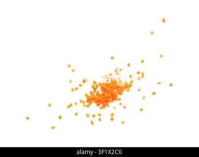 Falling Fresh Diced Carrot Isolated, Flying Carrot Cubes Closeup, Chopped Orange Root Vegetable, Diced Carrots Pile on White Background T Stock Photo