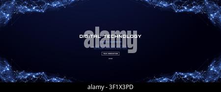 Blue Digital Network Banner With Polygon Frame Background Stock Vector