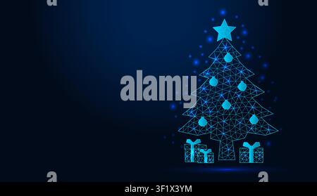 Neon low poly wireframe christmas tree with gifts on dark blue background. Stock Vector