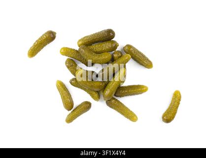 Gherkins isolated, pickled cornichons, salted small cucumbers, tiny fermented food, little marinated canned vegetables, pickled mini cucumbers on whit Stock Photo