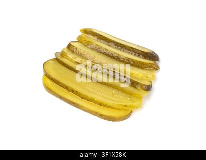Pickled sliced cucumbers isolated, thinly sliced fermented food, marinated canned vegetables, gherkins, pickled cucumbers on white background Stock Photo