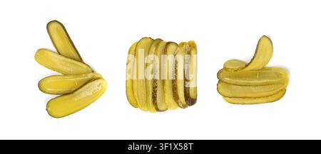 Pickled sliced cucumbers isolated, thinly sliced fermented food curl, marinated canned vegetables, gherkins, pickled cucumbers on white background Stock Photo
