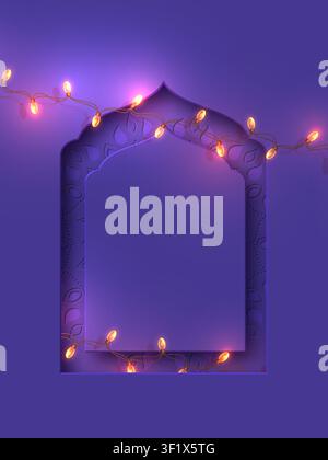 Diwali Festival of Lights background with colorful ornamental arch and floral mandala, glowing lamps and garlands, traditional Indian holiday celebration. Vector illustration. Stock Vector