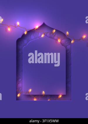 Diwali Festival of Lights background with colorful ornamental arch and floral mandala, glowing lamps and garlands, traditional Indian holiday celebration. Vector illustration. Stock Vector