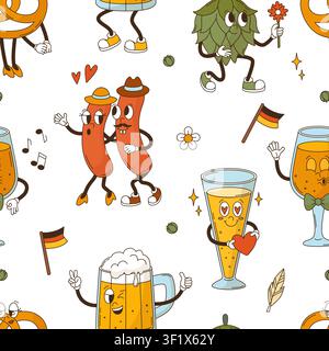 Beer glasses characters seamless pattern. Groovy cartoon glass, sausage, pretzel and hop. Traditional bavarian beer fest print, vector background Stock Vector