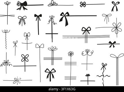 Black doodle gift boxes bows. Black bow with lines for decorated cards, invitation, banner, presents. Simple stylish decorative elements, vector Stock Vector
