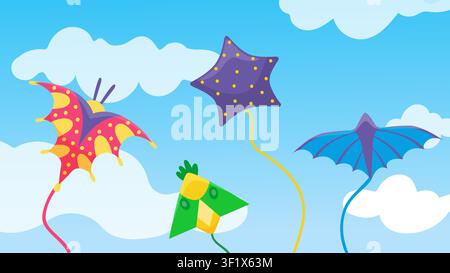 Kites flying in sky. Paper colorful kite in clouds, seasonal festival elements. Children and adults outdoor entertainment. Kids toys, vector Stock Vector