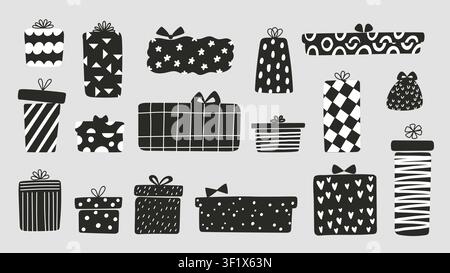 Gift boxes clipart. Decorative present box with bow and decor. Simple doodle abstract design, black and white elements for birthday, new year Stock Vector