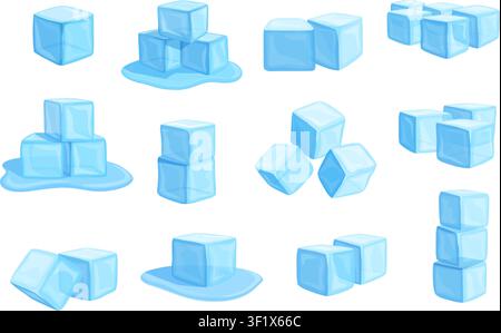 Cartoon ice cubes. Square pieces melting, frozen water in cube forms. Freeze elements for drinks and food, for cooling at summer heat, sapid vector Stock Vector