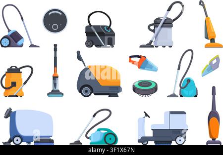 Vacuum cleaners tools. Industrial floor wash machines, household vacuum cleaner robots. Smart cleaning technologies for home, office, stores, sapid Stock Vector
