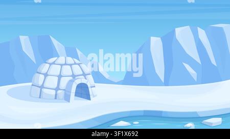 Igloo landscape. Arctic life on ocean and icebergs. Traditional north hut on snow, eskimo housing constructed from frozen ice cubes, sapid vector Stock Vector