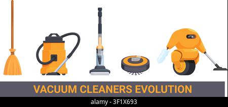 Vacuum cleaners evolution. Floor cleaning tools from broom to android robot. Smart clean technologies for washing floors, sapid vector development Stock Vector