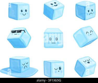 Ice cubes characters. Cartoon frozen water face character different emotions. Blue ice cube melting, in sunglasses. Refresher elements for drinks Stock Vector