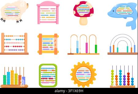 Kids abacus. Math lessons in kindergarten or preschool. Toddler mathematical and arithmetic tools, mind development, education, sapid vector set Stock Vector