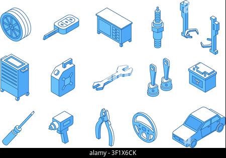 Isometric car repair equipment. Auto service elements, line 3d style icons. Cars diagnostic tools, spare parts, wheels. Automobile maintenance nifty Stock Vector