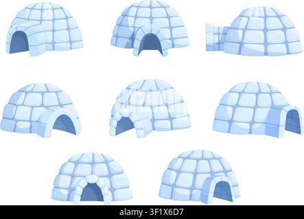 Cartoon isolated igloo. House from ice cubes, eskimo traditional buildings different angles. North snow huts for cold climate, arctic home sapid Stock Vector