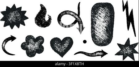 Crayon doodle sticker shape set. Hand drawn oval, heart, star icons. Charcoal texture. Graphic element for fun collage. Kid sketch drawing. Vector Stock Vector