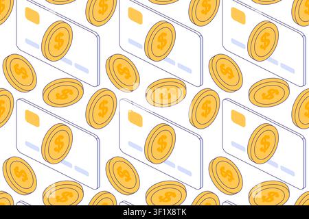 Seamless pattern with golden coins and bank cards. Wealth and finance repeat design. Vector illustration for fintech wallpaper. Stock Vector