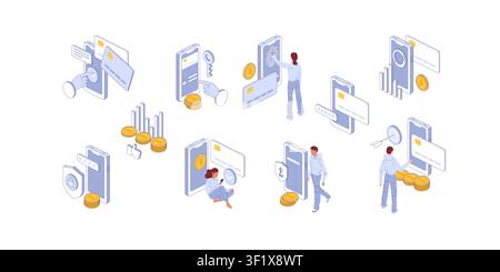 Banking app set. Phones and people. Isometric finance scene. Vector for fintech poster, payment blog, business dashboard design. Stock Vector