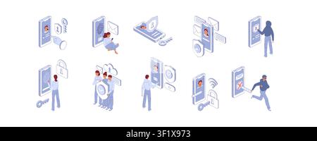 Digital protection set. People and phones. Isometric vector. Great for security blog, privacy poster, or cybersecurity campaign. Stock Vector