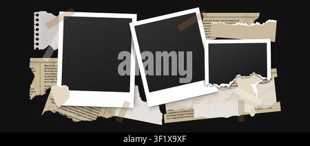 Vintage photo frames with paper textures and Y2K stickers for creative scrapbook collage designs and retro aesthetic projects with torn edges and film Stock Vector