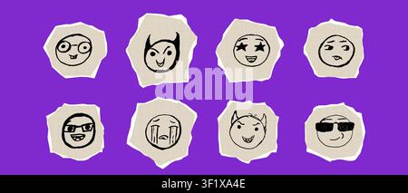 Scrapbook paper cutouts: smiley face and emoticon stickers; hand-drawn collage of paper elements featuring emoji faces and doodles Stock Vector