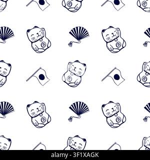 Maneki Neko cat seamless pattern with a fan and flags. Hand drawn vector illustration of a Japanese talisman in a graphic style. Black ink clip art fo Stock Vector