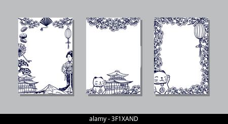 Japanese postcard set with sakura branches, Maneki Neko cat, girl in a kimano, house and lantern. Hand drawn vector illustration in a graphic style. B Stock Vector
