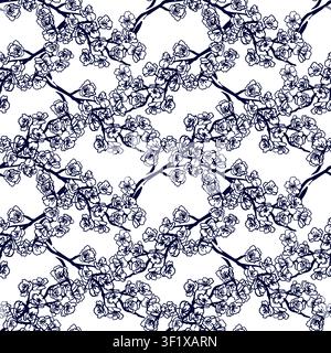 Sakura branch seamless pattern. Hand drawn vector illustration of Japanese flower in a graphic style. Black ink clip art for cards, wrapping paper Stock Vector