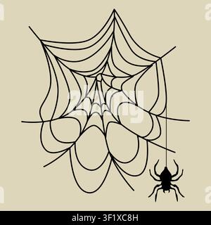 Hand-drawn Halloween black spooky silhouette of spider web and poisonous spider for seasonal party decor or packaging Stock Vector