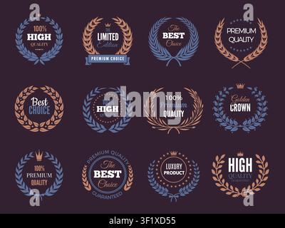 Award badges. Vector set of premium quality labels wreath seals and achievement emblems for branding and packaging Stock Vector