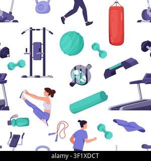Fitness equipment. Vector illustration shows gym machines dumbbells punching bag mats and athletes in a seamless pattern design Stock Vector