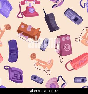 Phone pattern. Vector illustration features seamless retro telephones mobile phones and communication devices on a decorative background Stock Vector