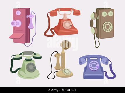 Telephone collection. Vector illustration shows vintage telephones desk phones mobile devices and communication technology through time exact set Stock Vector